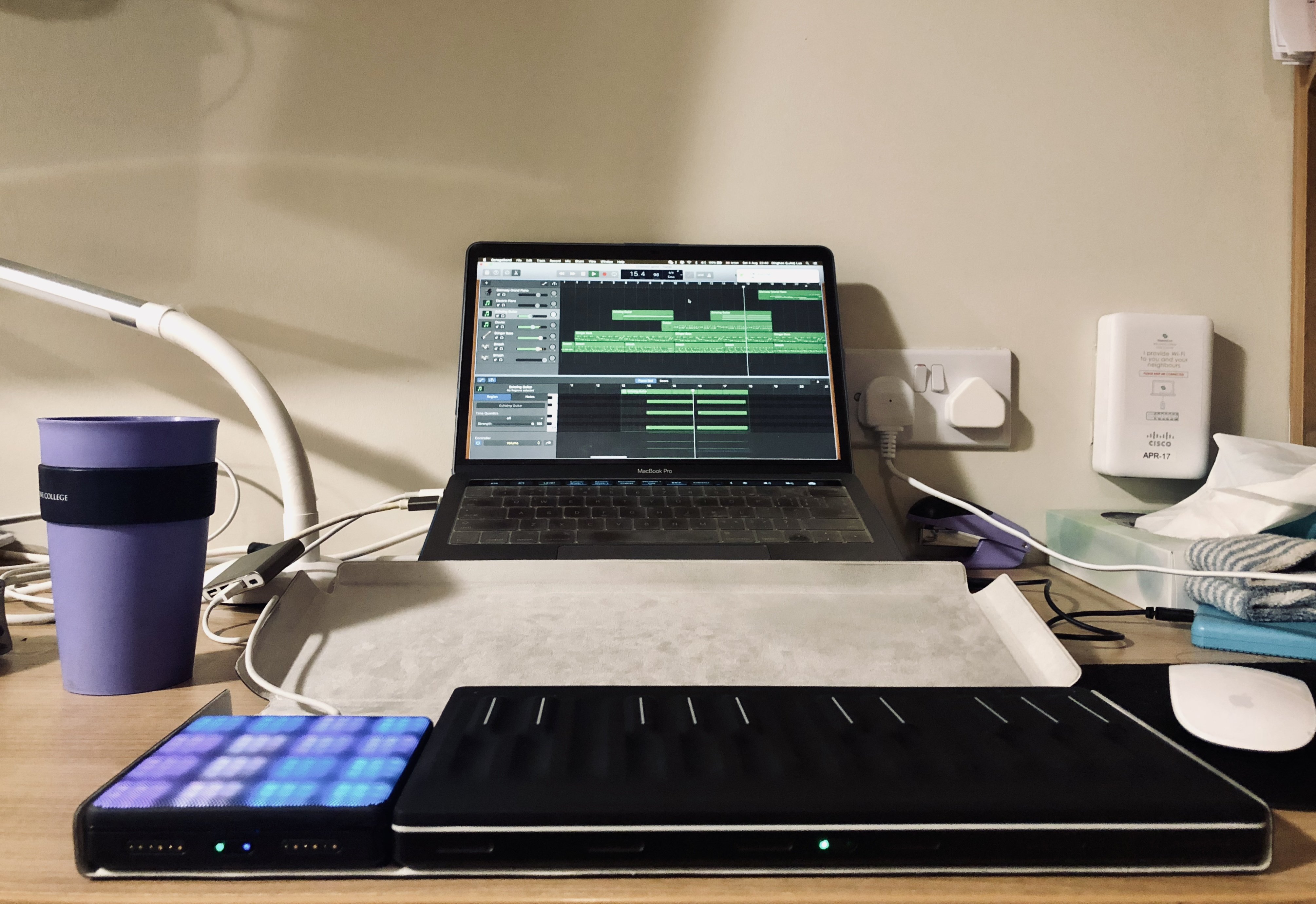 ROLI Seaboard, Launchpad, and MacBook Pro running Logic on a desk in London, 2018