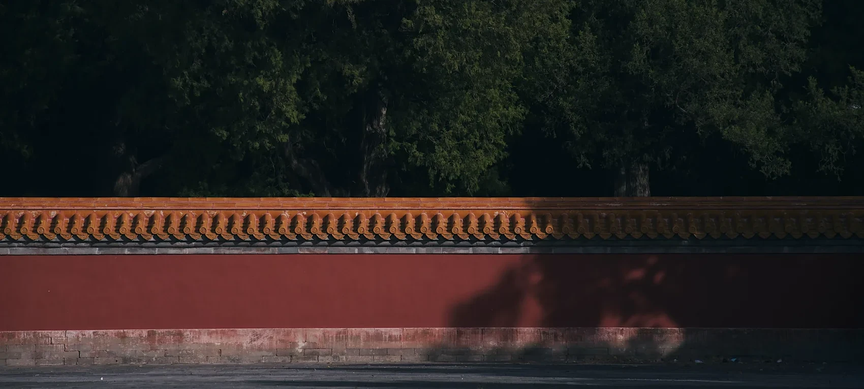 A red Beijing wall cut by tree shadow.