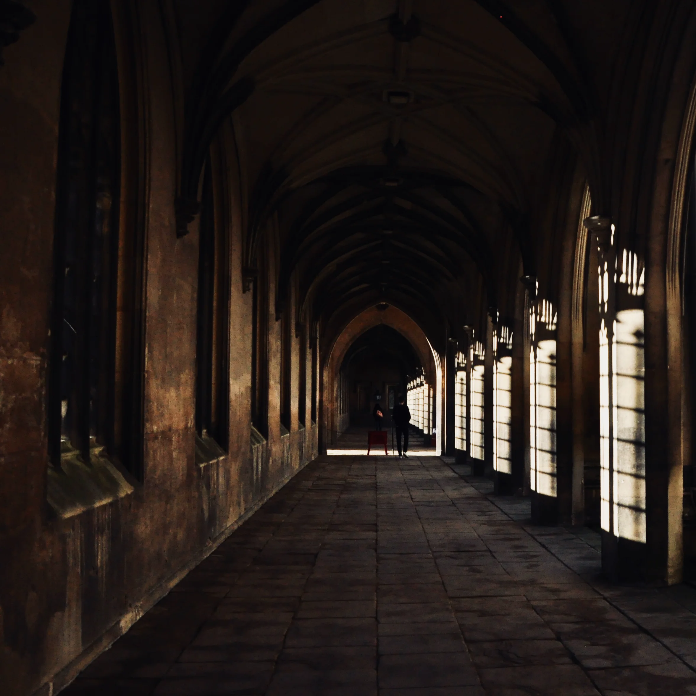 A dark college cloister with light falling through arched windows.