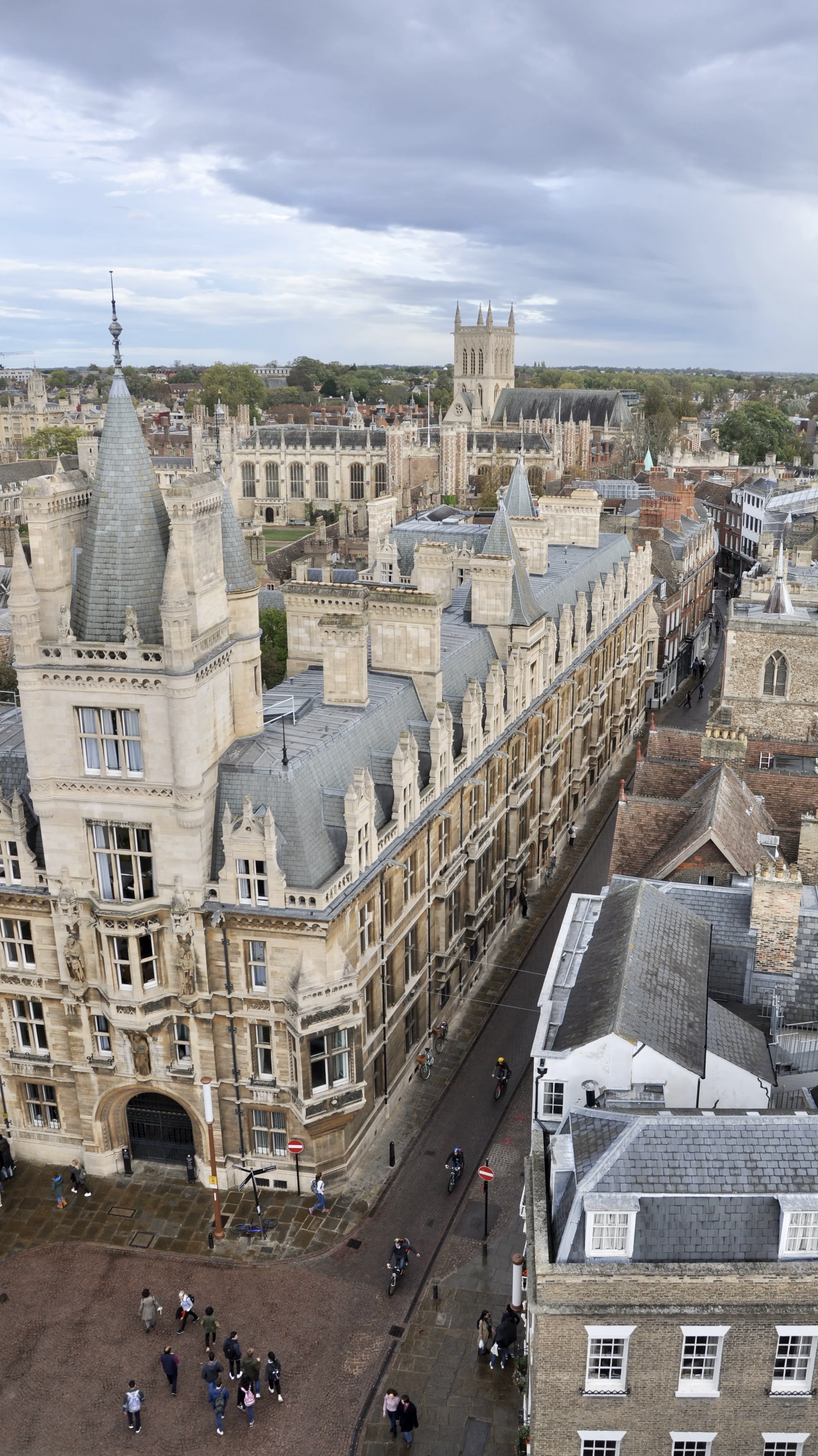 Cambridge rooftops and spires seen from a tower above King's Parade.