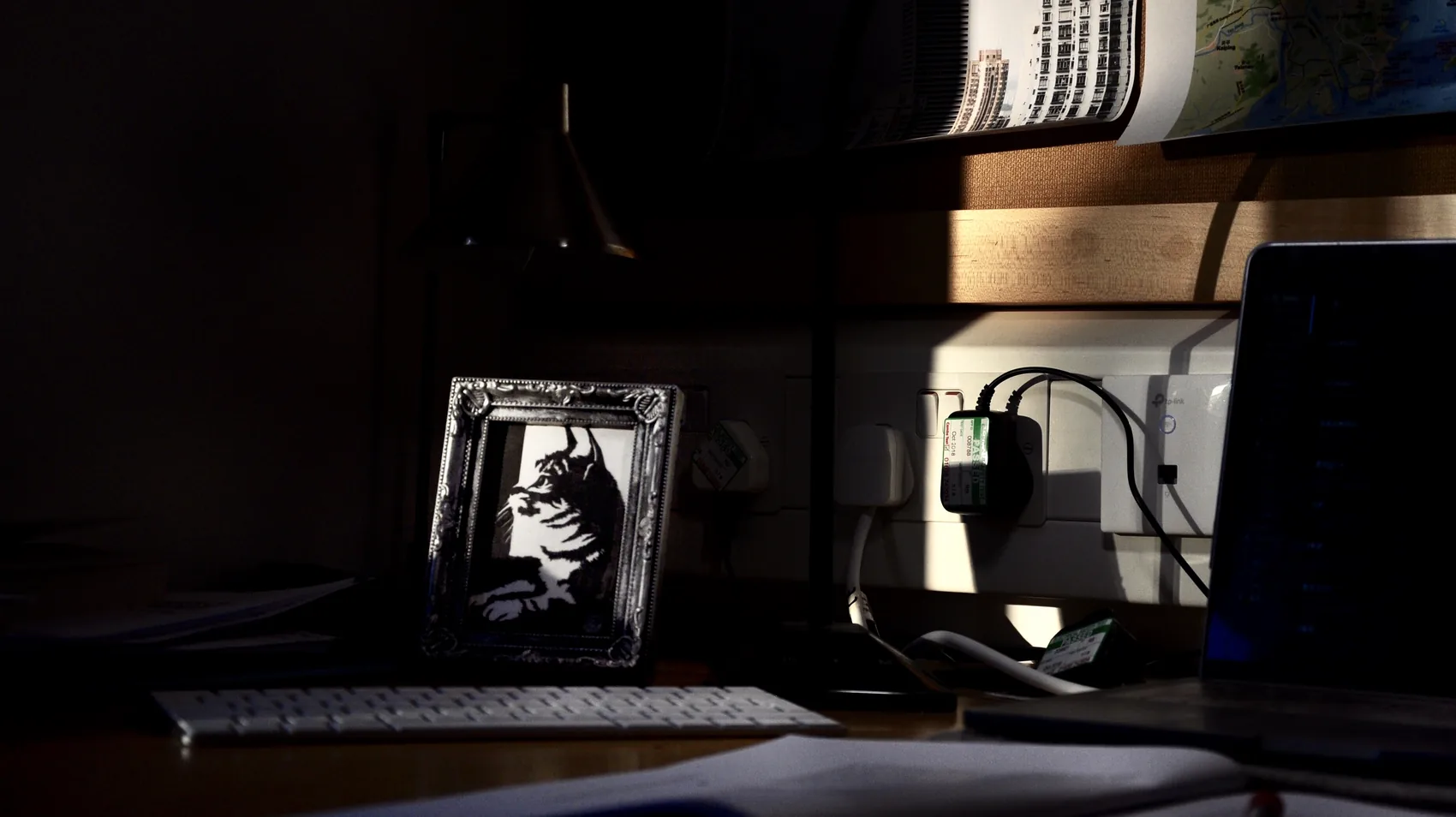 A framed cat picture glowing on a dark desk.