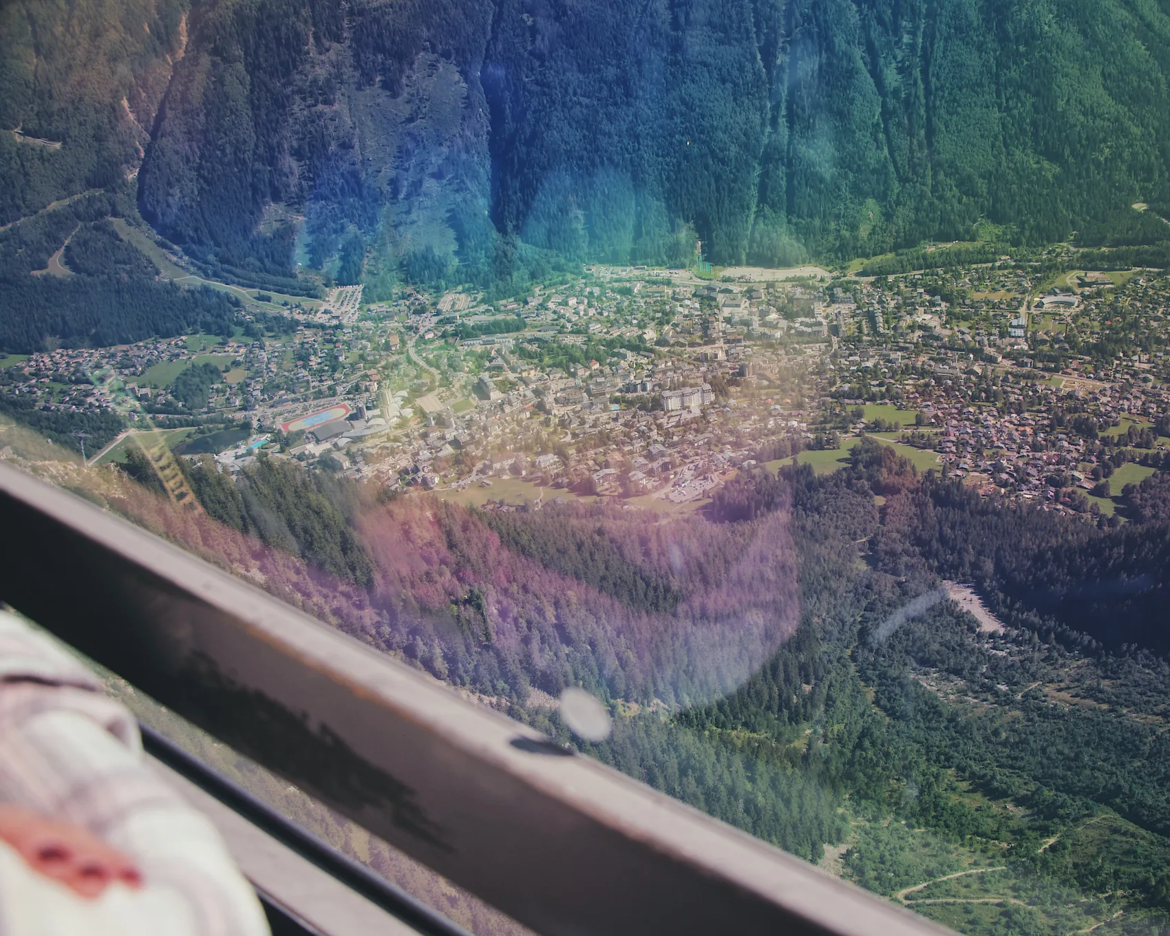 A colourful reflection from a Chamonix cable car window.