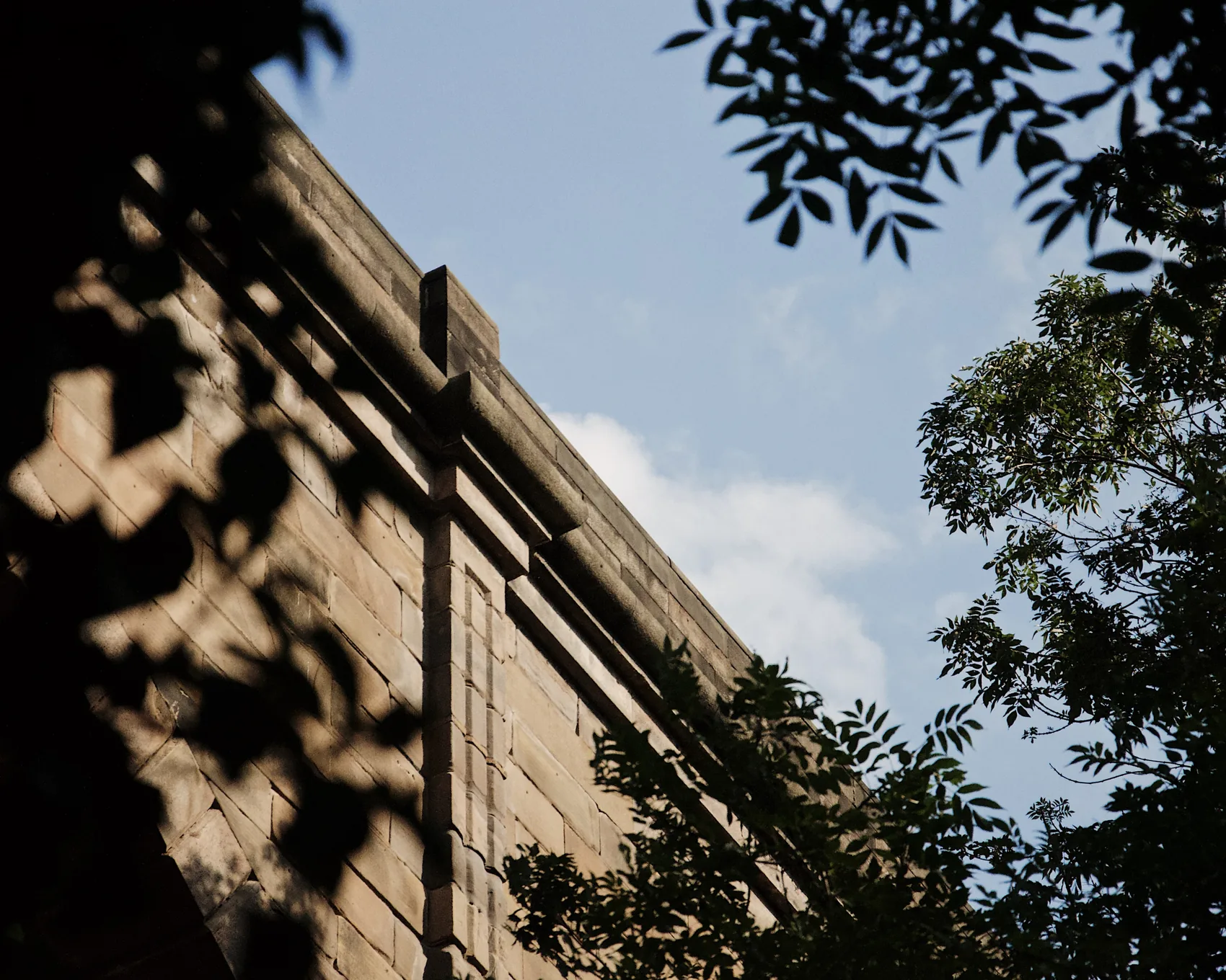 A stone Edinburgh facade half obscured by leaves.
