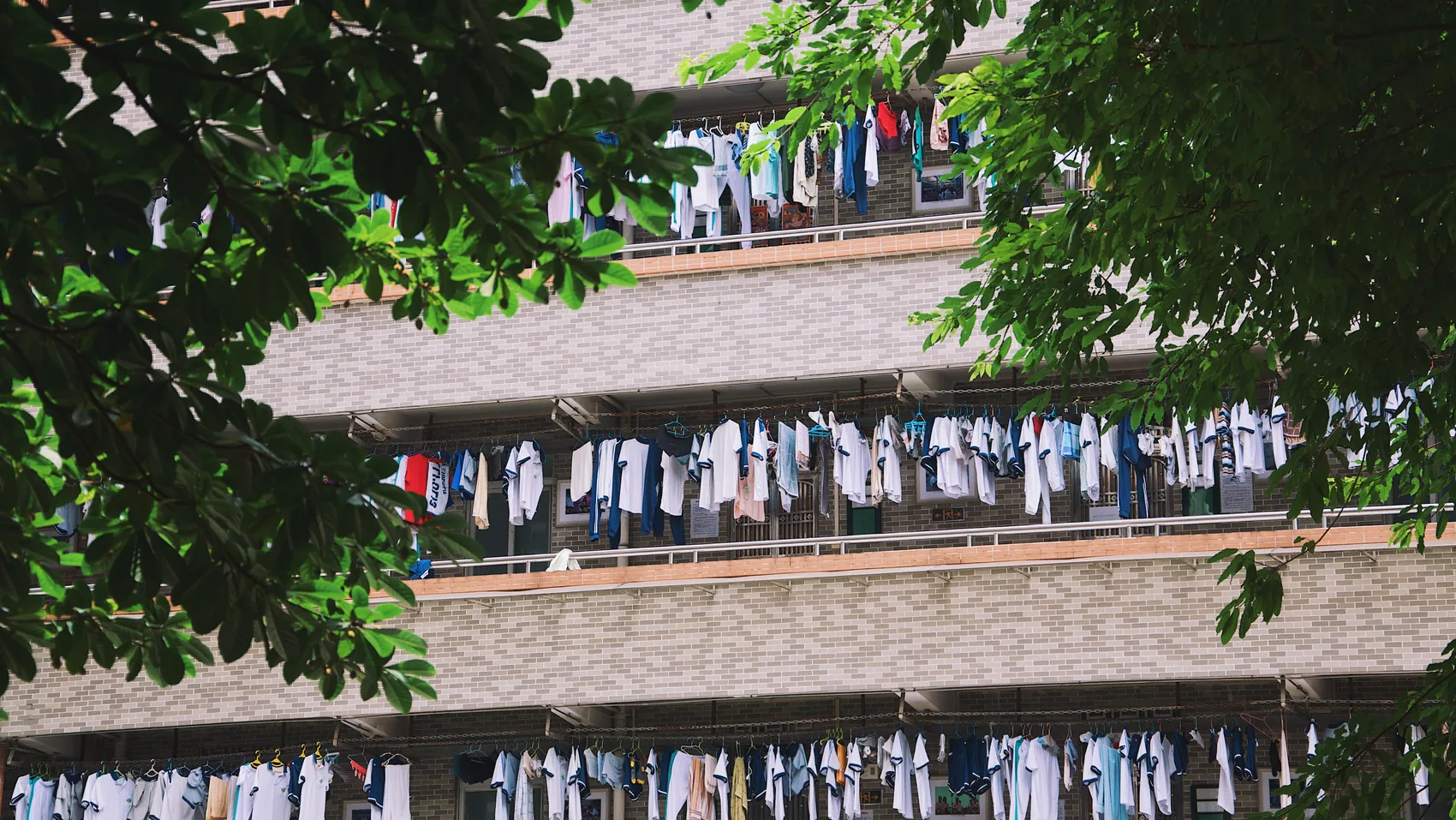 Rows of laundry hanging along a Guangzhou school balcony.