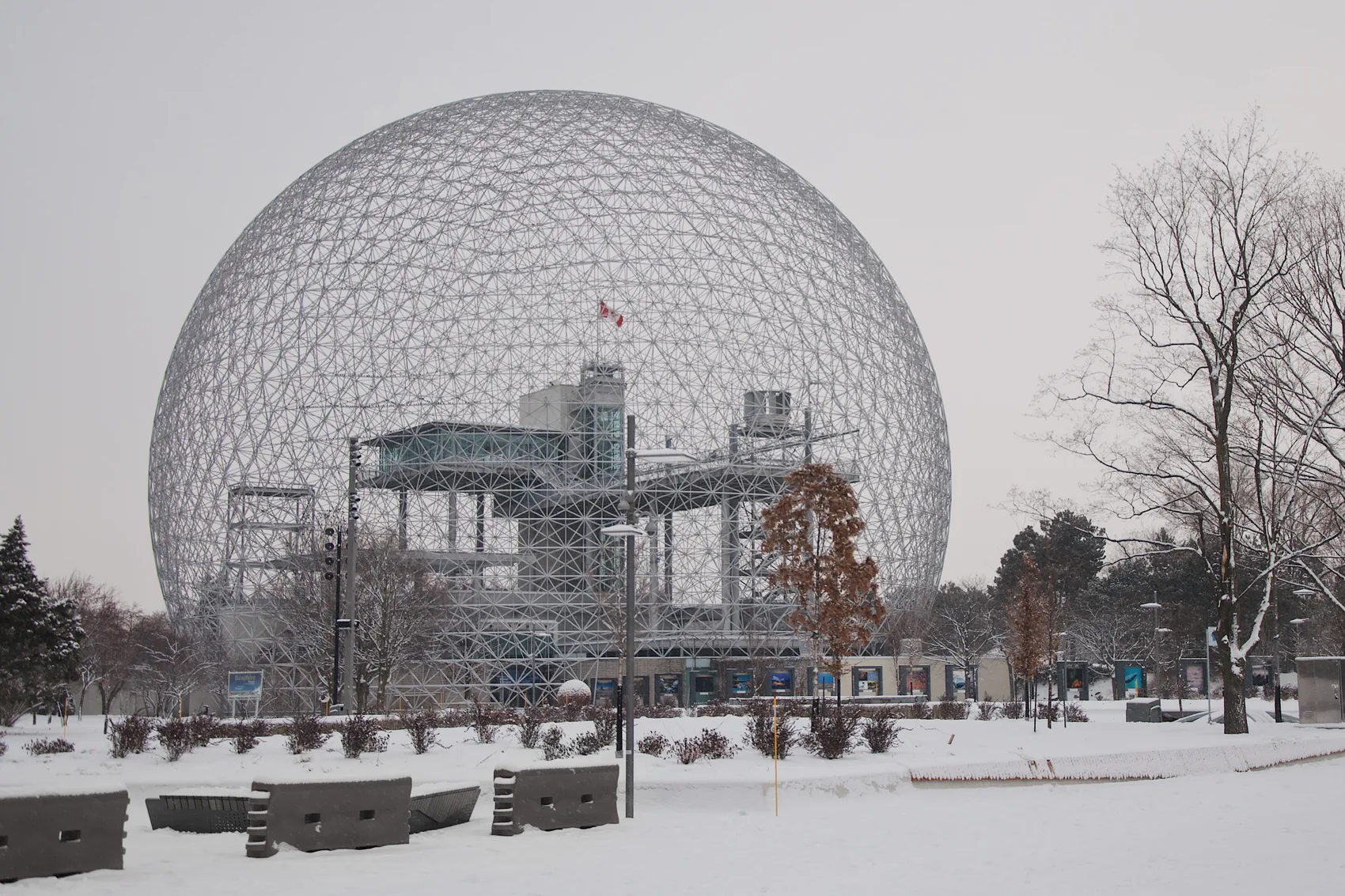 The Montreal Biosphere in falling snow.