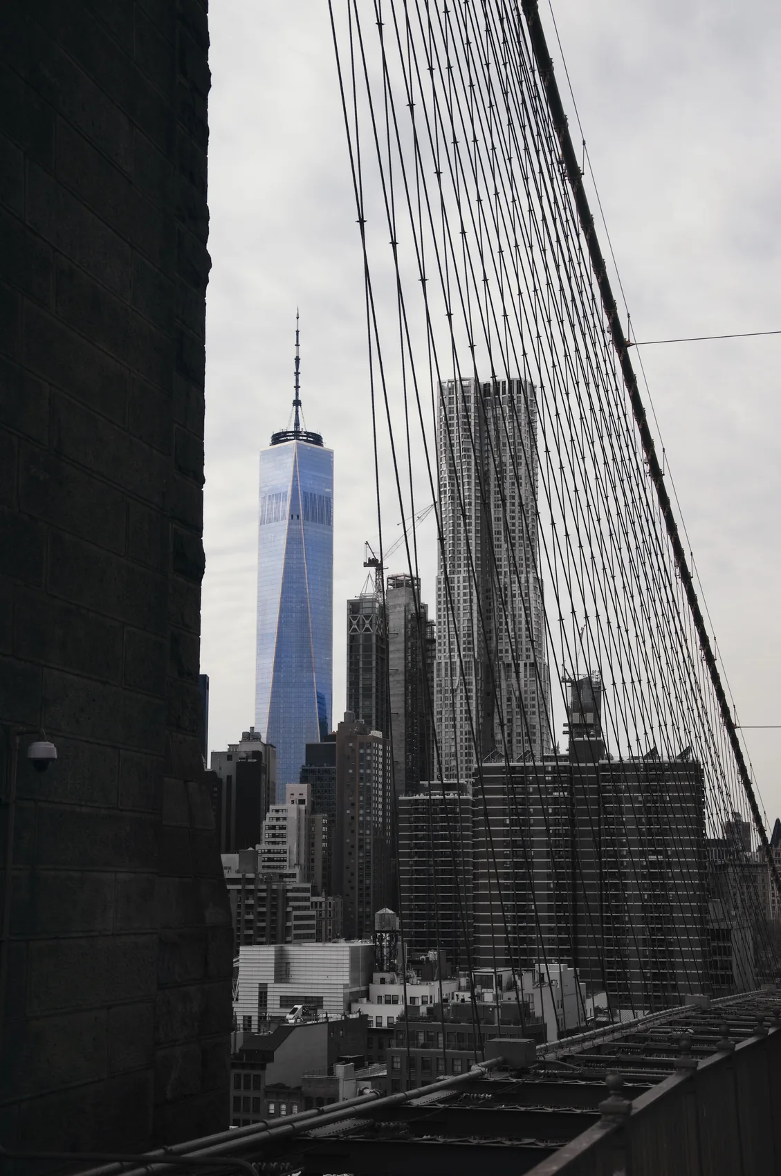 One World Trade Center seen from the Brooklyn Bridge cables.