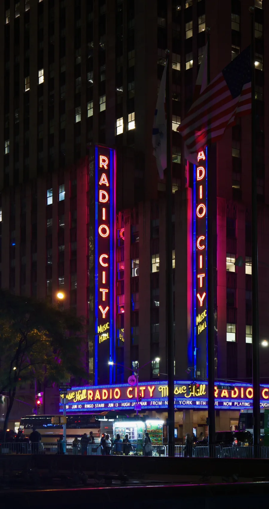 Radio City Music Hall lit at night.