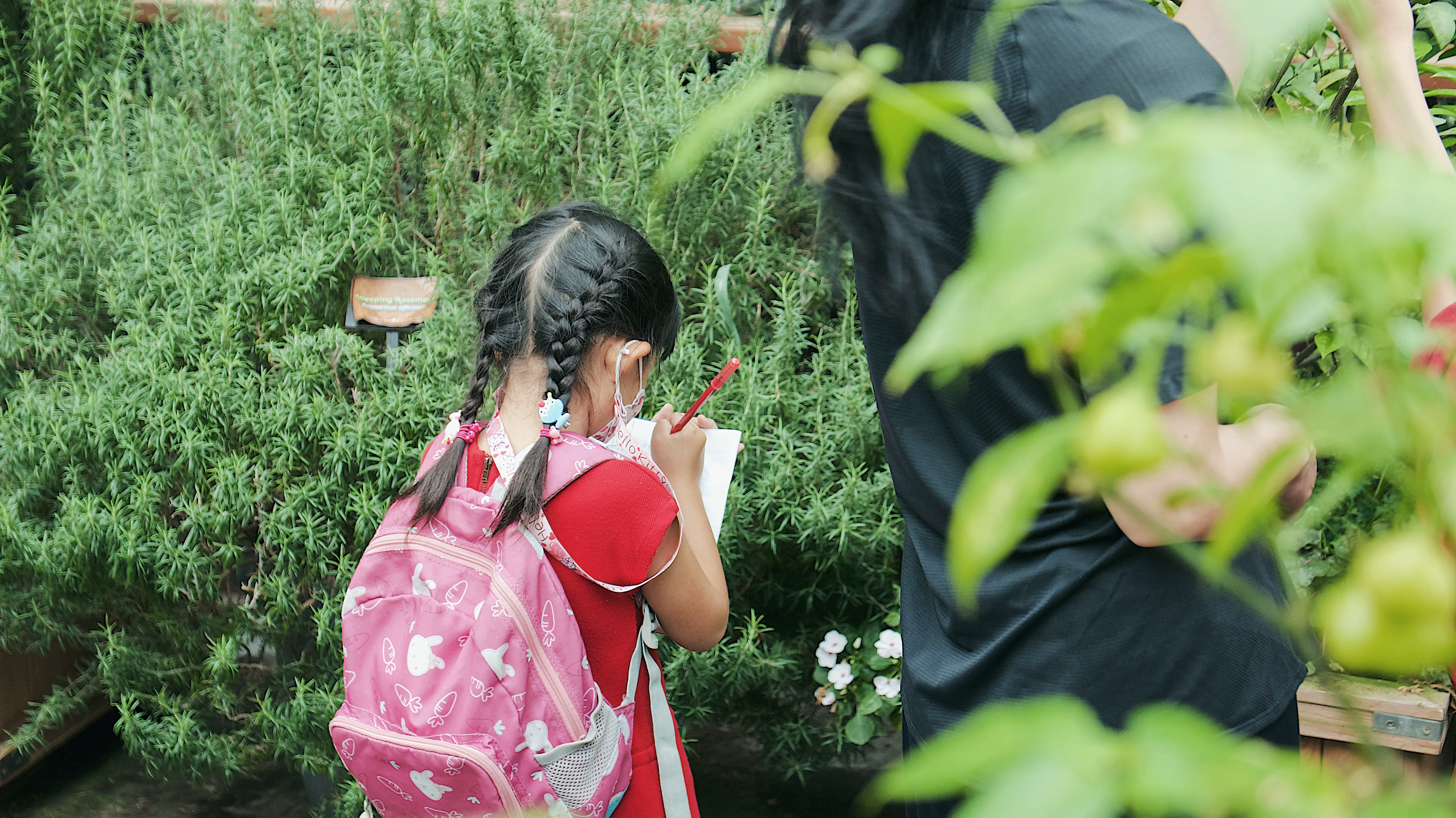 A child with a pink backpack in a Singapore garden.