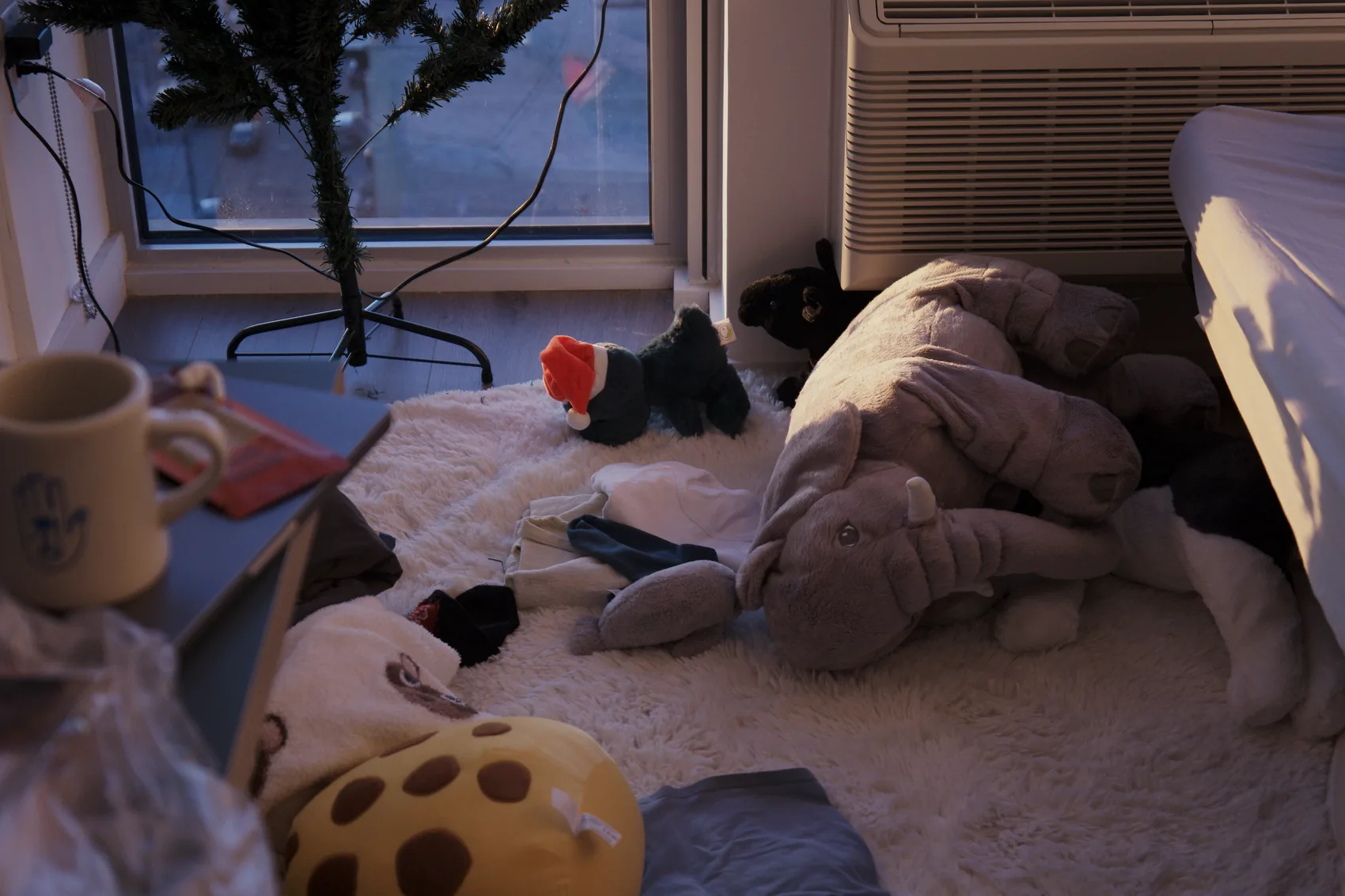 A bed and window in low domestic dusk.